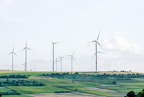 Windräder auf einer grünen Landschaft. Das Erneuerbare-Energien-Gesetz (EEG) soll den Ausbau von erneuerbaren Energien und Ökostrom fördern