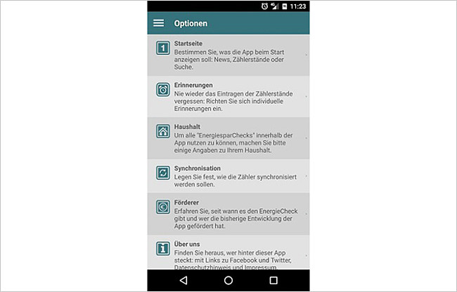 Unter den Optionen finden Sie alle Einstellungen zur App „EnergieCheck“ und dem Energiesparkonto. Sie können hier zum Beispiel einstellen, ob es eine automatische Synchronisation geben soll und Angaben zu Ihrem Haushalt machen.
