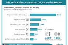 Wie Verbraucher am meisten CO2 vermeiden können – Balkendiagramm mit Beispielen in kg CO2 pro Person und Jahr: Fliegen vermeiden (Übersee): 3.560; mit Biogas heizen: 1.500; Photovoltaik aufs Dach: 1.200; vegan ernähren: 1.010; Ökostrom nutzen: 590; per Fahrrad statt Auto zur Arbeit: 470 – und zum Vergleich die Gesamtzahlen: 9.6000 in Deutschland, 4.800 international