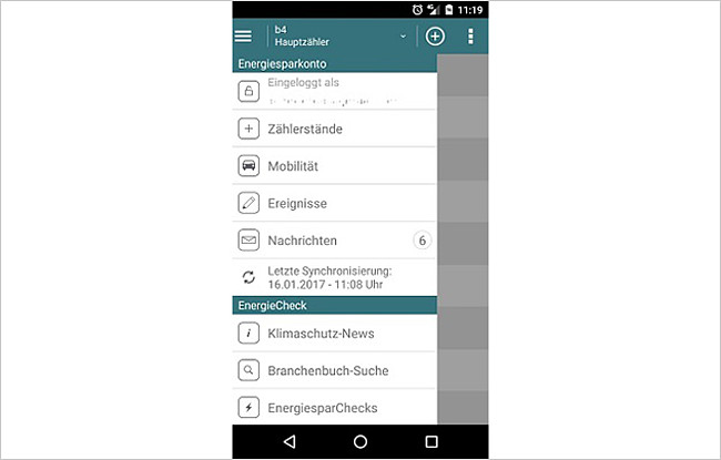 Im Menü finden Sie die Möglichkeiten, Ihre Zählerstände einzutragen, Klimaschutz-News aufzurufen und EnergiesparChecks zu starten.