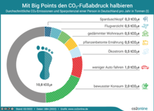 Infografik zum Fußabdruck: Tortendiagramm mit CO2 pro Person und Jahr insgesamt und sieben verschiedenen Tipps